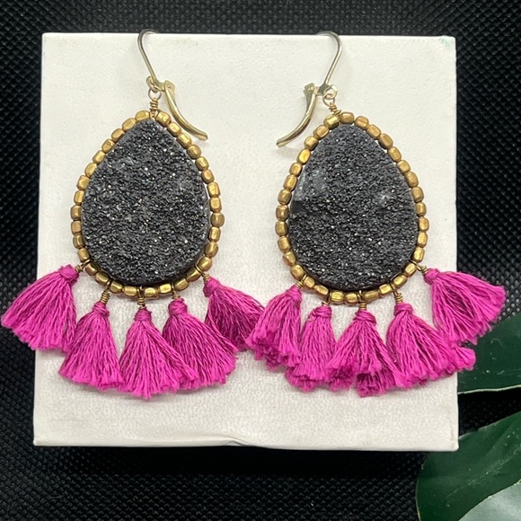 Panacea Black Drusy Geode purple tassel dropearrings - Picture 4 of 8